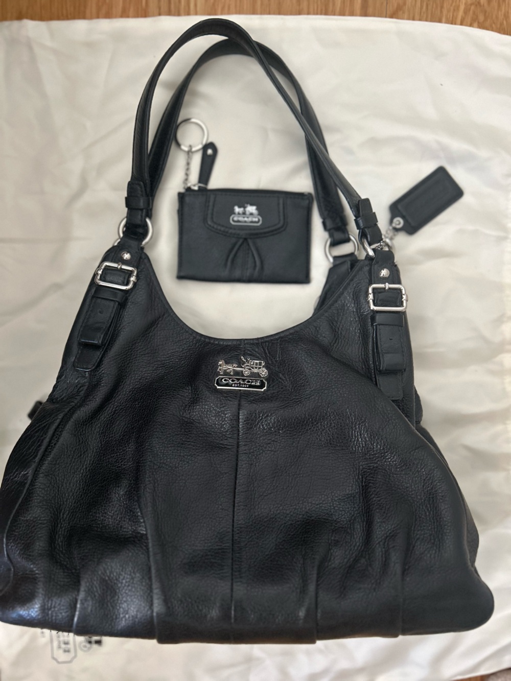 Coach Black Pebbled Leather Shoulder Bag with Wallet Keychain